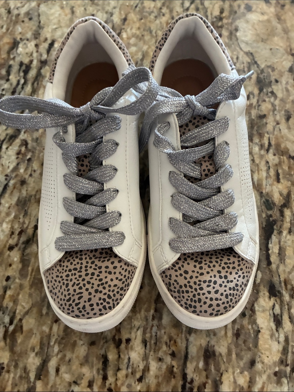 Universal Thread White Sneakers with Silver Laces and Tan Leopard Toe